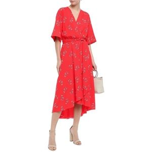 Joie Daymon B Red Floral Print Crepe De Chine Midi Wrap Dress Boho Spring Summer
